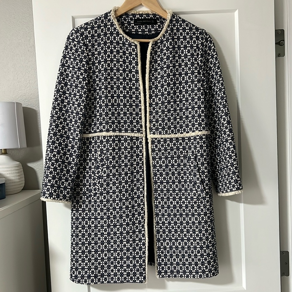 ZARA WOMAN Blue and White "That Coat" Tweed Long Coat Size Medium